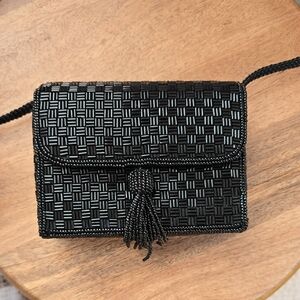 Magid Black Beaded Mini Crossbody Bag with Tassel
